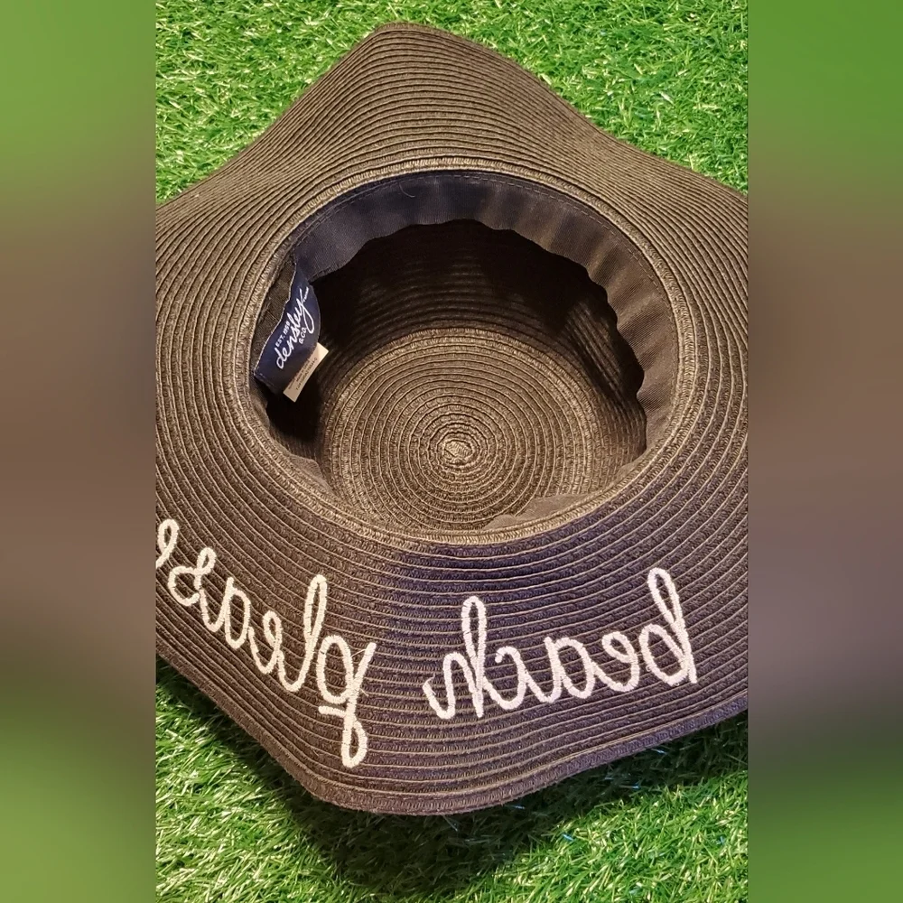 Oversized Floppy "Beach Please" Rafia Straw Sun Hat Wide Brim In Black One Size - Picture 3 of 4
